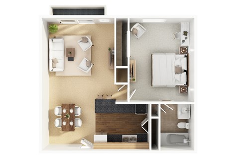 Floor plan for 1 bed, 1 bath, 640 sqft